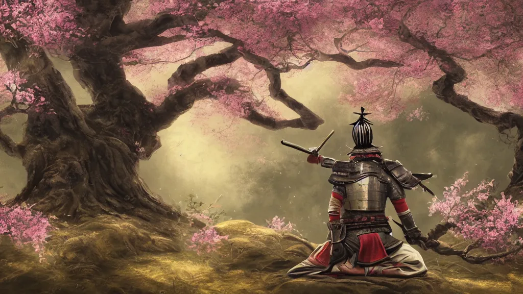 Image similar to beautiful painting of an armoured samurai meditating under a blossom tree, realistic, digital painting, concept art, matte painting, cinematic night lighting, 8 k, highly detailed, detailed terrain