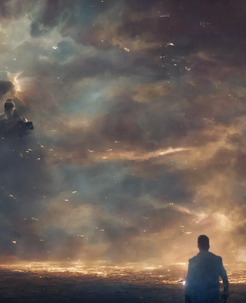 Prompt: a cinematic scene of a giant smirking elon musk in sky blue armor walking toward the camera from a explosion of blue twitter birds, atmospheric lighting, painted, intricate, volumetric lighting, beautiful, golden hour, sharp focus, ultra detailed, by Leesha Hannigan, Ross Tran, Thierry Doizon, Kai Carpenter, Ignacio Fernández Ríos