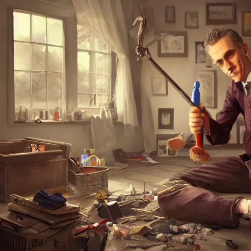 Image similar to close shot of hyperrealistic jordan peterson cleaning his room, award winning artstation