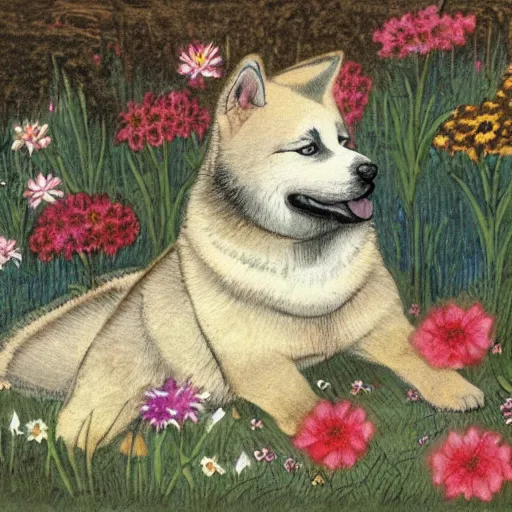 Prompt: a female akita inu wearing a kimono, in a field of flowers, painting in the style of warwick goble