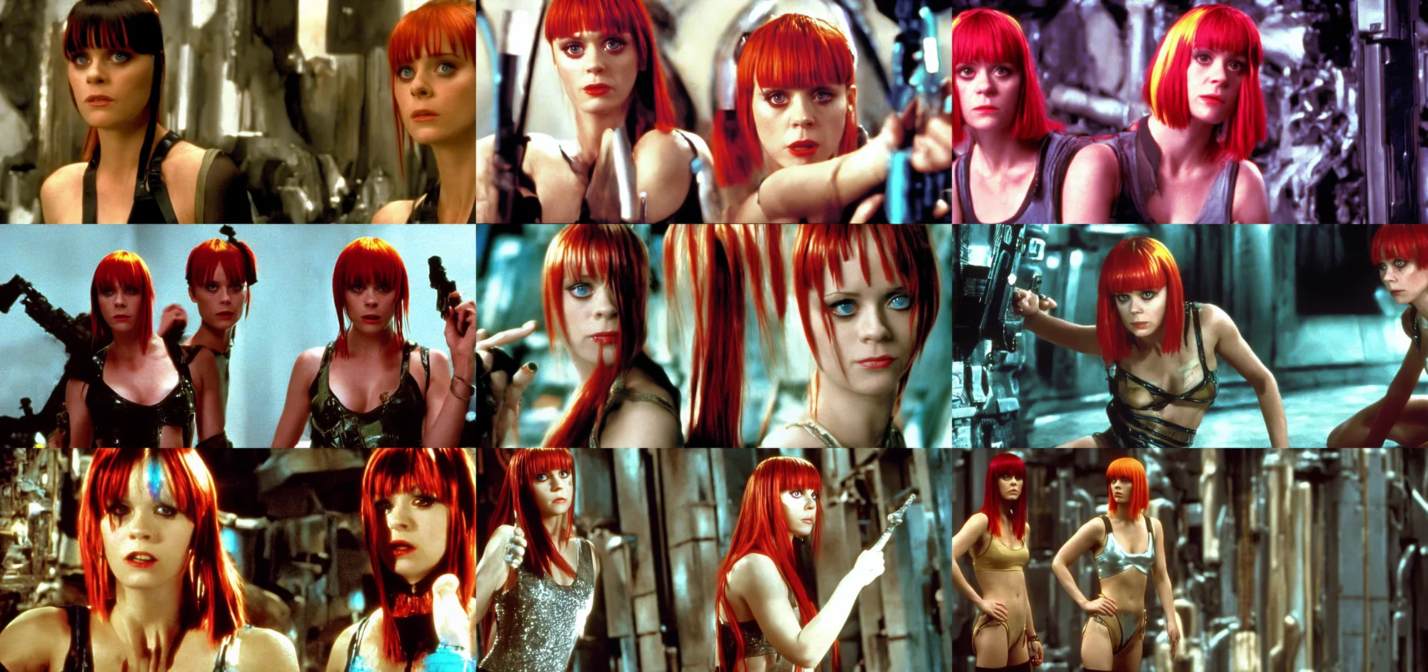Prompt: a still of zoey deschanel as Leeloo in The Fifth Element (1997)