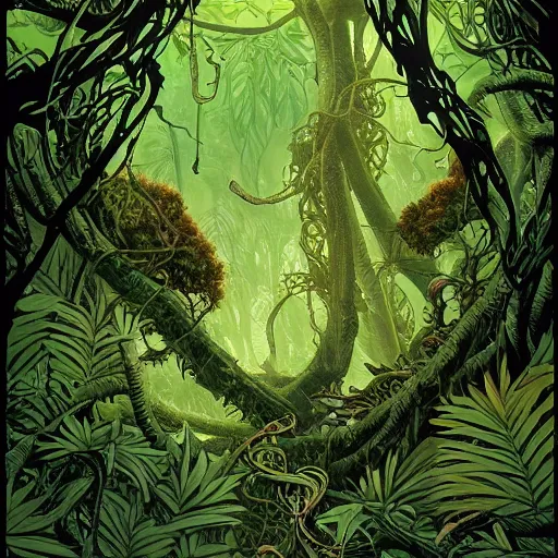 Image similar to EXTREMELY DETAILED TWISTED DENSE vegetation stunning jungle beautifully-rendered verdant green ENT NYMPH twisting winding knotted tangled vines and trees by moebius by James Jean, by Mike Mignola comic graphic novel style action illustration COMPLICATED INTRICATE BUSY, gritty textured, trending on artstation