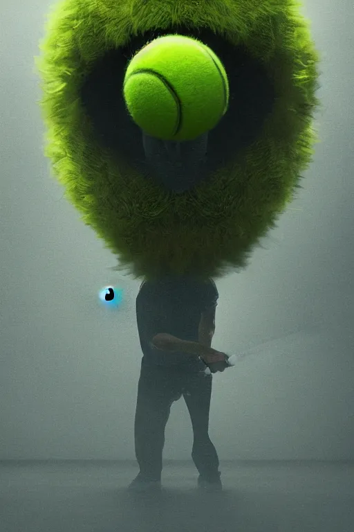 Prompt: portrait of tennis ball monster wielding a tennis racket, visible aura of madness distorting the surroundings, occult details, greg rutkowski style, high quality, 8 k,