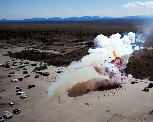 Prompt: birds eye view of el chapo exploding out of prison in deep meditation. clear sunny day. 4k. angelic. the sun is very upset and full of damnations.