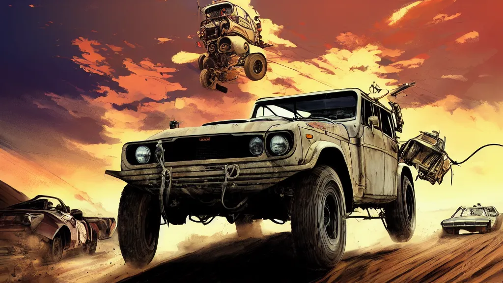 Prompt: digital illustration of mad max's fj 4 0 pursuit special riding fury road eternal shiny and chrome, the last v 8 interceptor driving down to the gates of valhalla highway in the middle of the day, anime style, year 2 0 9 3, by makoto shinkai, ilya kuvshinov, lois van baarle, rossdraws, basquiat