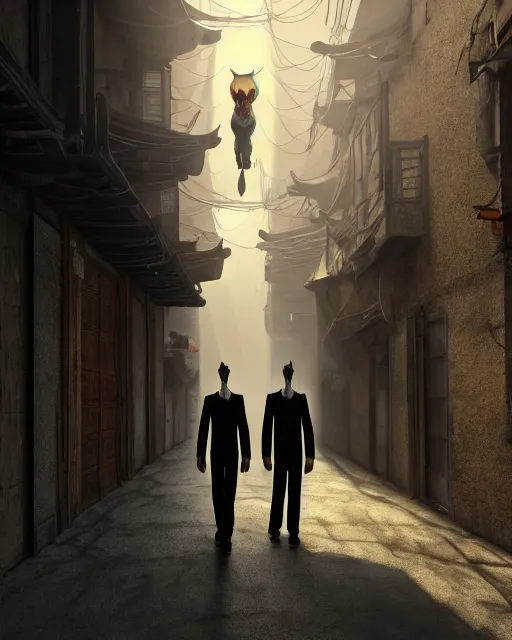 Image similar to artstation scifi scene of two deer - headed suit people, in a chinese town narrow alley, dim lights, long shadows, summer unreal engine 5, hyper realism, realistic shading, cinematic composition, blender render, octane render, hdr, detailed textures, photorealistic, wide shot