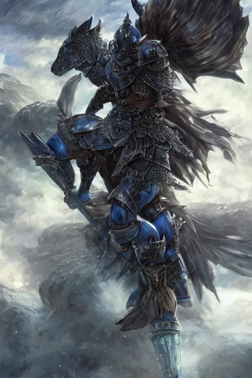 Image similar to a full body shot of an azure knight warrior by Kentaro Miura, Wolf themed armour, colored by Ronda Pattison, heavy armor, kingdom under fire in the background, dark colors, highly detailed, trending on artstation, CGsociety, exquisite detail, post-processing, masterpiece, volumetric lighting, cinematic, hypermaximalistic, high details, cinematic, 8k resolution, beautiful detailed, insanely intricate details