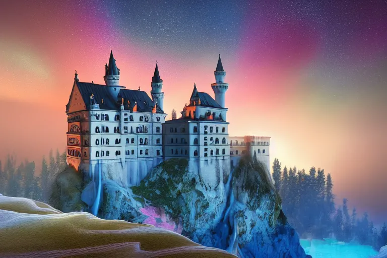 Image similar to neuschwanstein castle on pamukkale thermal waters flowing down gold travertine terraces in royal blue antelope canyon during sakura season on an interstellar aurora borealis with heavy thunder and lightning, pink and pink waterfalls, by peter mohrbacher, james jean, james gilleard, greg rutkowski, vincent di fate, rule of thirds, octane render, beautiful landscape