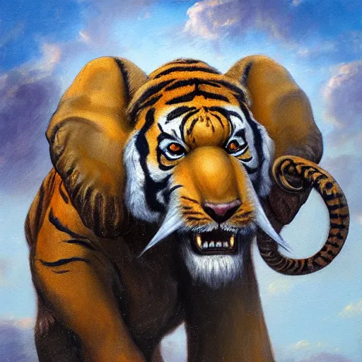 Prompt: tiger - elephant creature, oil painting by justin gerard