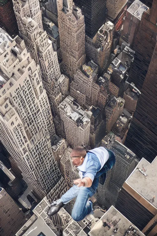 Image similar to !dream a man jumping from a building in New York, dust explosion, ground view 4k detailed photography