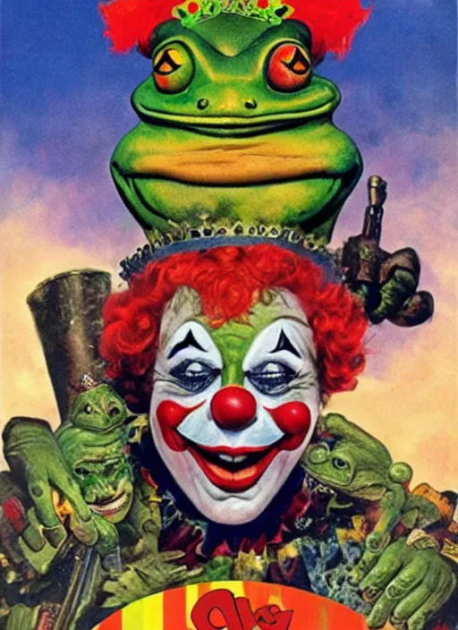 Prompt: Clown Frog King, the movie, poster art by Frank Frazetta, Clown frog king pepe reigns over the battlefield, rainbow wig and clown nose
