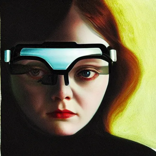 Prompt: Elle Fanning wearing a night vision goggles in the style of Paola Vetri, head and shoulders portrait, stormy weather, extremely detailed masterpiece, oil on canvas, low-key neon lighting, artstation, Blade Runner 2049, Roger Deakin’s cinematography, by J. C. Leyendecker and Peter Paul Rubens and Edward Hopper and Michael Sowa,