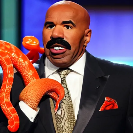 Prompt: steve harvey with horrifying tentacle arms and snake moustache, hosting family feud