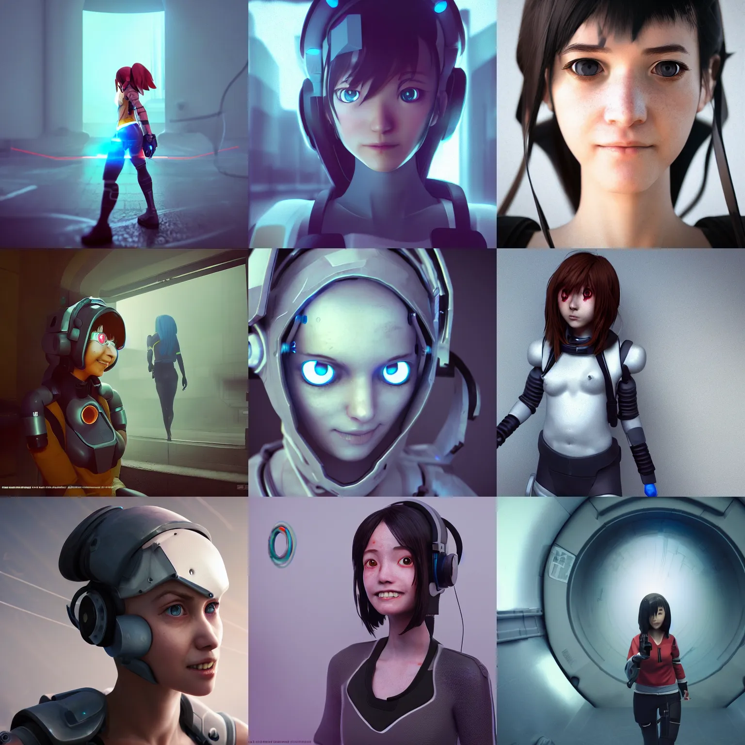 Prompt: portal game valve, anime!!! cyborg photo - realistic woman!!!! soft running, ( shy smiling face ), symetric eyes, rembrandt, octane render, artstation, 5 0 mm, depth of field