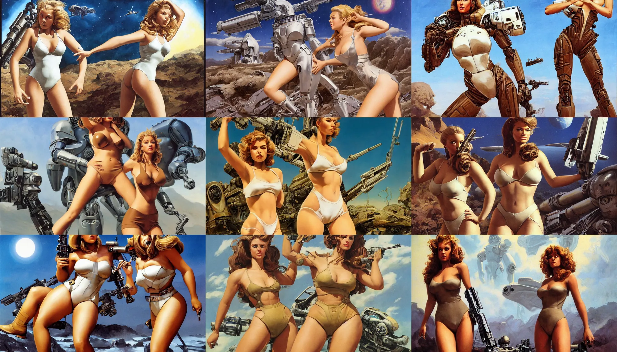 Image similar to A mixed media portrait painting of a very beautiful light-brown-haired woman on an alien planet, very curvy, aesthetic! high-waisted white-bikini-armor and boots, cybernetics, starship-troopers-rifle, aesthetic symmetrical face and eyes, model, wet, pacific-rim-mech in background, by Frank Frazetta, Boris Vallejo, Beeple, Greg Rutkowski, Christian MacNevin, eighties pinup style, epic fantasy character art, high fantasy, CGsociety, exquisite detail, post-processing, masterpiece, cinematic