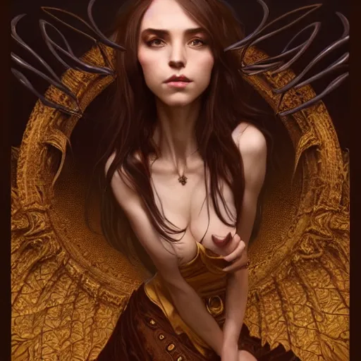 Prompt: brown haired demoness, full body portrait, gentle, female, city landscape, norway, d & d, fantasy, intricate, elegant, highly detailed, digital painting, brown and gold color palette, artstation, octane render, concept art, matte, sharp focus, illustration, herrarthstone, art by artgerm and greg rutkowski and alphonse mucha