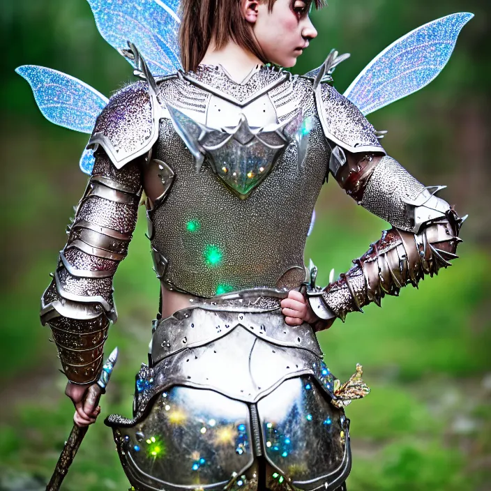 Image similar to full body photo of a fairy warrior wearing sparkly armour, highly detailed, 4 k, hdr, smooth, sharp focus, high resolution, award - winning photo