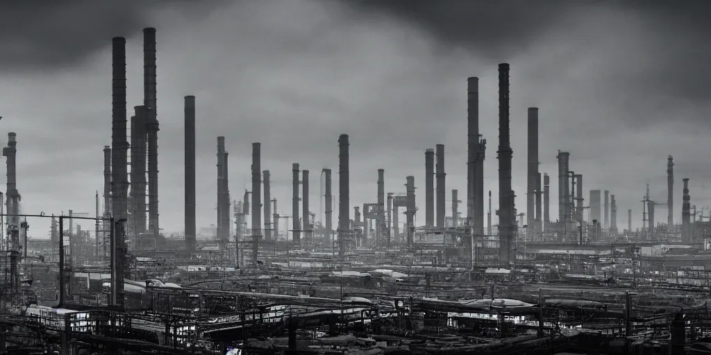 Prompt: industrial science-fiction landscape, huge mechanical towers, ground full of factories and pipes, under a dark cloudy sky, in the style of Blade Runner