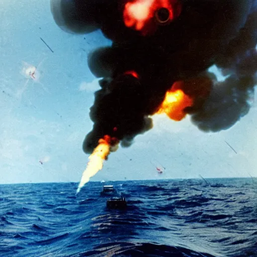 Image similar to first person view from the deck of a batteship firing a broadside, kamikaze planes diving, world war ii, high resolution colour photo