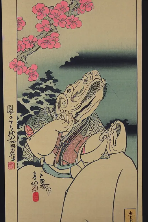 Prompt: Japanese woodblock print of Jabba the hut , cherry blossom, Japanese building, Hokusai