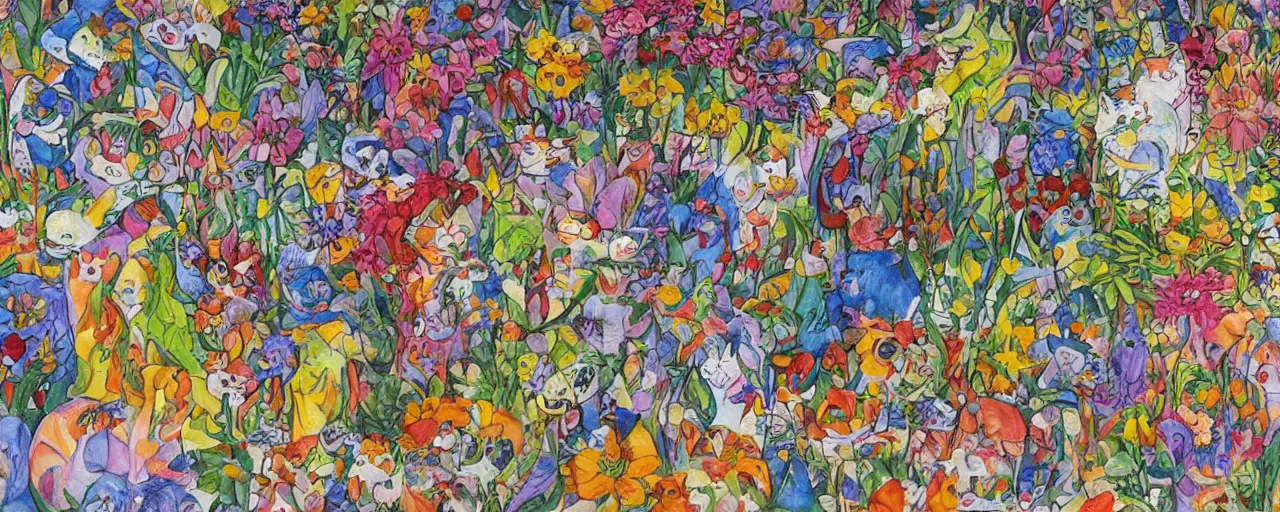 Image similar to cat playing in a garden of flowers, a mix media painting by laurel burch and Leonardo da Vinci and Natalia Goncharova, cluttered , child's drawing, art by Studio Ghibli, anime, thick black lineart