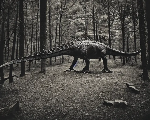 Image similar to hyper realistic vintage photograph of a real dinosaur in a forest, ultra detailed, grain, old, monochrome, sepia toned, realistic lighting, wide angle