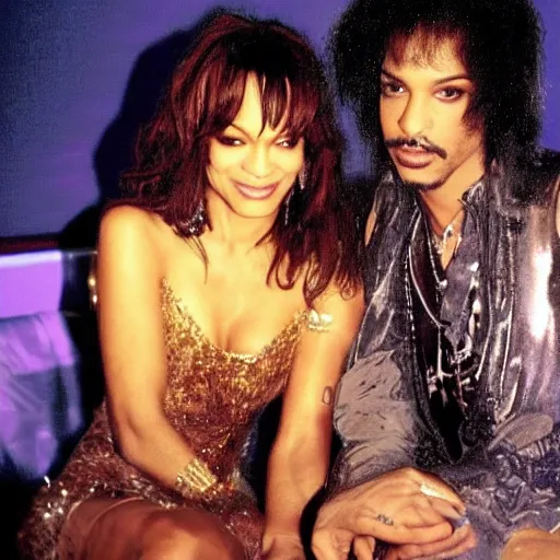 Prompt: a photo of prince looking at mayte garcia in low light. it's so dark, you can barely make out their features.