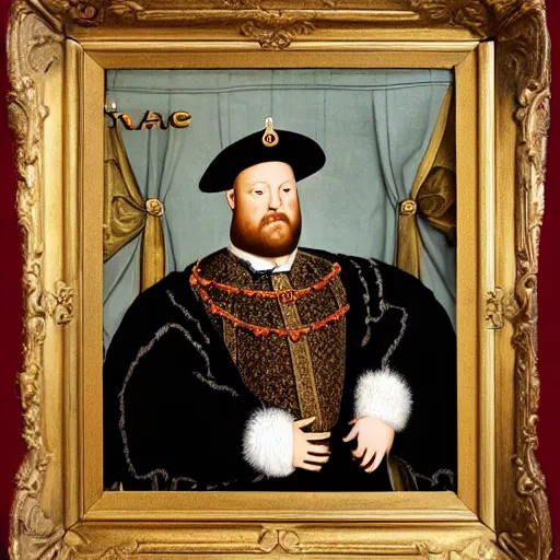 Prompt: king henry viii building a pc computer electronics screen keyboard case, wearing a crown and royal robes, 17th century detailed oil painting with a gilded frame