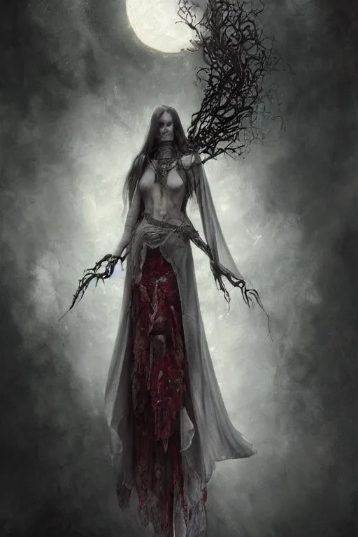 Prompt: breathtaking detailed soft painting of grim reaper in gauze dress and bleeding meat, with long hair and piercing eyes, in an intricate medieval stained glass moon, rembrandt style, elegant, highly detailed, artstation, concept art, matte, sharp focus, art by tom bagshaw, luis royo and greg rutkowski