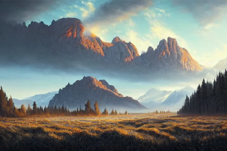 Image similar to landscape painting of destroyed meadows with destroyed mountainrange in background, dystopian wasteland, destroyed nature, apocalypse, winter, fine details, magali villeneuve, artgerm, rutkowski