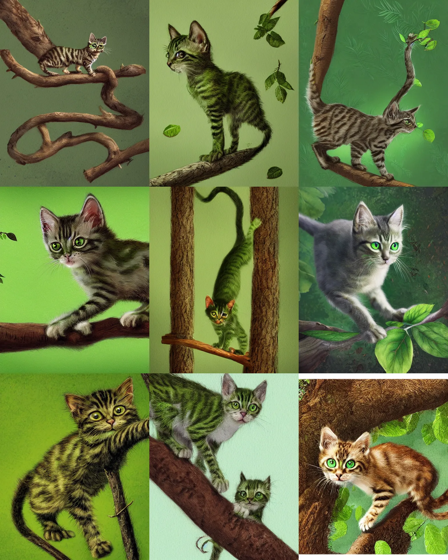 Prompt: green kitten walking on tree branch, leaf background, intricate, highly detailed, artstation, sharp focus, illustration, jurgens, rutkowski, simonetti