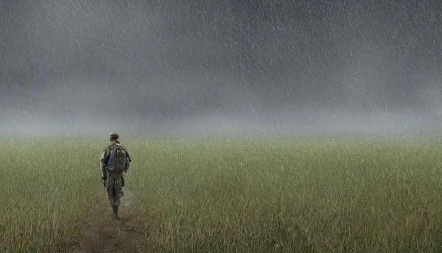 Prompt: World War 2 American soldier walking alone in a field under the rain, hyperdetailed, artstation, cgsociety, 8k