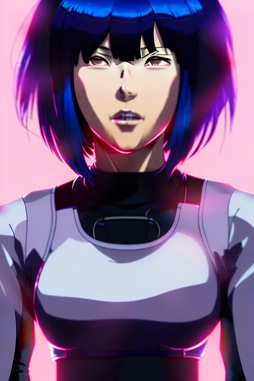 Image similar to a fullbody portrait of motoko kusanagi the major ghost in the shell : : stand alone complex, under repairs, maintenance : : by ilya kuvshinov, rossdraws, artgerm, sola digital arts, anti aliasing, raytracing : :