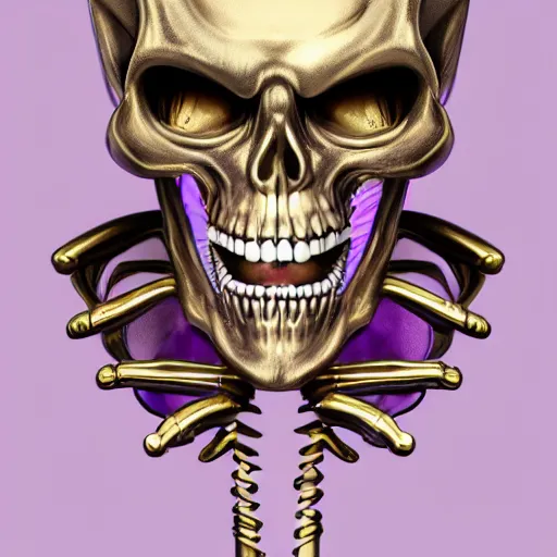 Prompt: a detailed portrait of a fancy skeleton with expressive features and metallic teeth, metal teeth, longshot, full portrait, skeleton in a suit, purple glowing eyes, fantasy art