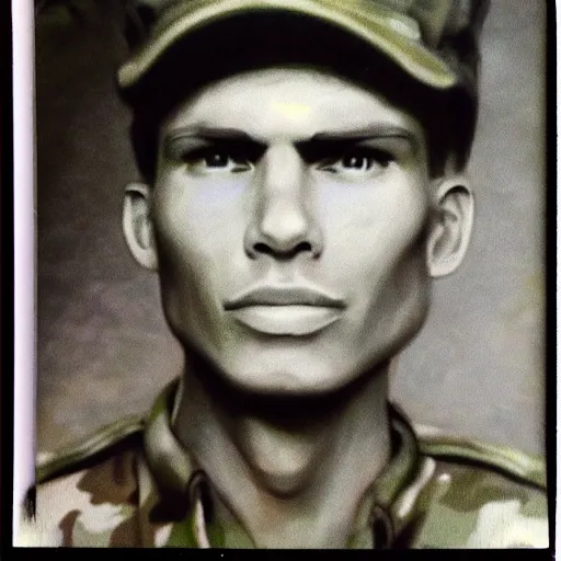 Prompt: A polaroid of Jerma985 in military gear, taken during the vietnam war, realistic, hyperrealistic, very realistic, highly detailed, very detailed, extremely detailed, detailed, digital art, trending on artstation