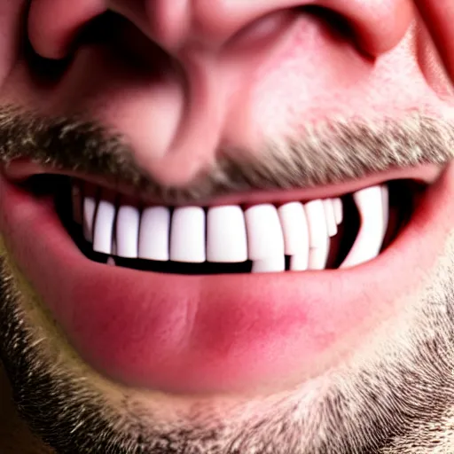 Image similar to photograph of smiling man with christian crosses inside his mouth, 8k resolution, high detail, ULTRA REALISTIC VFX, reflections