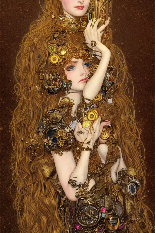 Prompt: beautiful young maiden, steampunk, highly detailed, artstation, illustration, art by Gustav Klimt