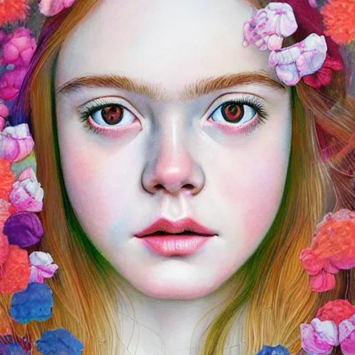 Prompt: professional painting of Elle Fanning in the style of Hikari Shimoda, head and shoulders portrait, symmetrical facial features, smooth, sharp focus, illustration, intricate, stormy weather, extremely detailed masterpiece,