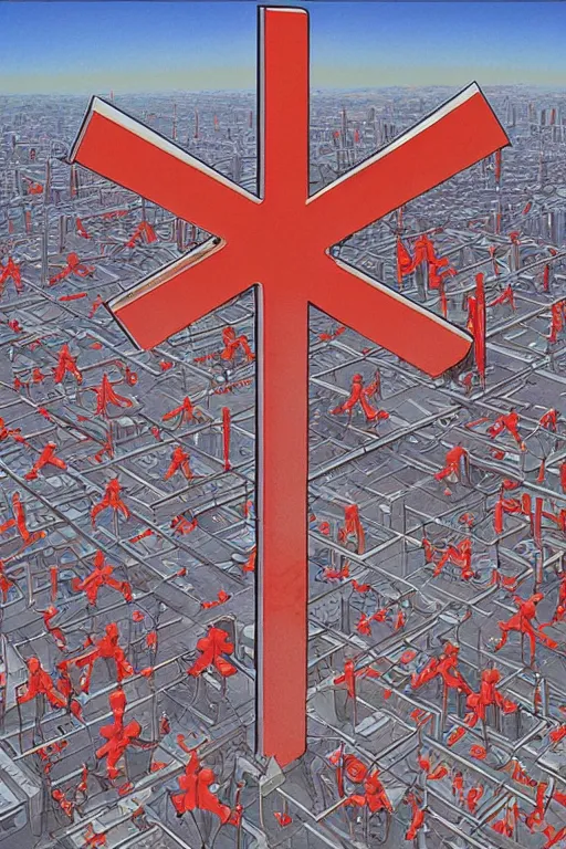 Image similar to Three giant red crosses in the center of a city from Neon Genesis Evangelion by Peter Elson