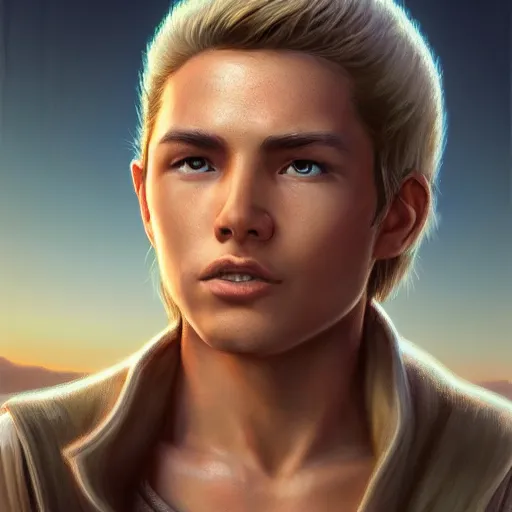 Image similar to a young male jedi with short dark blonde hair standing still looking at the sunset concept art by Doug Chiang cinematic, realistic painting, high definition, concept art, portait image, path tracing, serene landscape, high quality, highly detailed, 8K, soft colors, warm colors, turbulent sea, high coherence, anatomically correct, hyperrealistic, concept art, defined face, five fingers, symmetrical