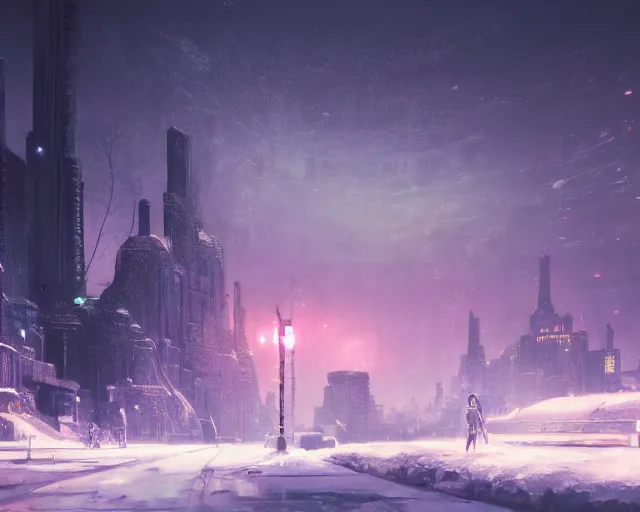 Prompt: scenery artwork, scene beautiful, light!! light essential futuristic winter world snow and night, surrealism oil on canvas, artstation!! pixiv!! dream scenery, quality astral projection render, nier automata concept art, vaporwave textures