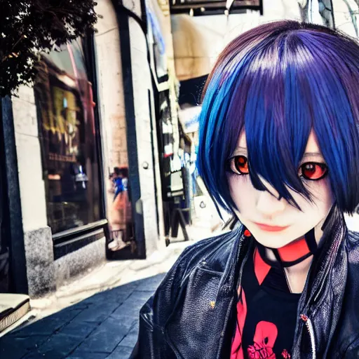 Image similar to 1 7 - year - old anime goth girl, black hair, long bob cut, long bangs, gothic coat, holding, shibuya street, blue sunshine, strong lighting, strong shadows, vivid hues, raytracing, sharp details, subsurface scattering, intricate details, hd anime, very - high - budget anime movie, 2 0 2 1 anime