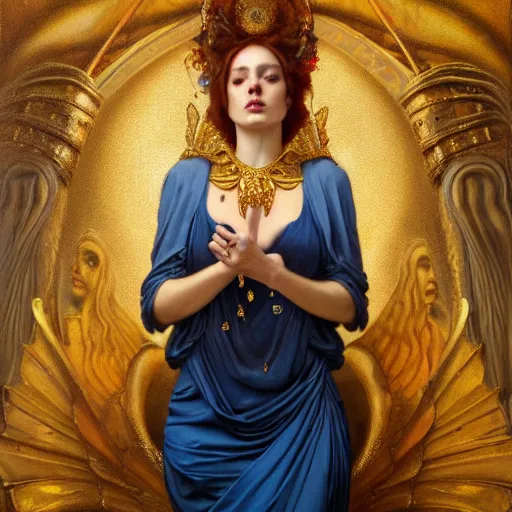 Image similar to highly detailed oil painting | very intricate | cinematic lighting | award - winning | the goddess babalon wearing a gold and blue dress | by roberto ferri, by tom bagshaw, by j. c. leyendecker and klimt, beautiful cinematic light, american romanticism, by austin osman spare, artstation, cgsociety, official art, octane