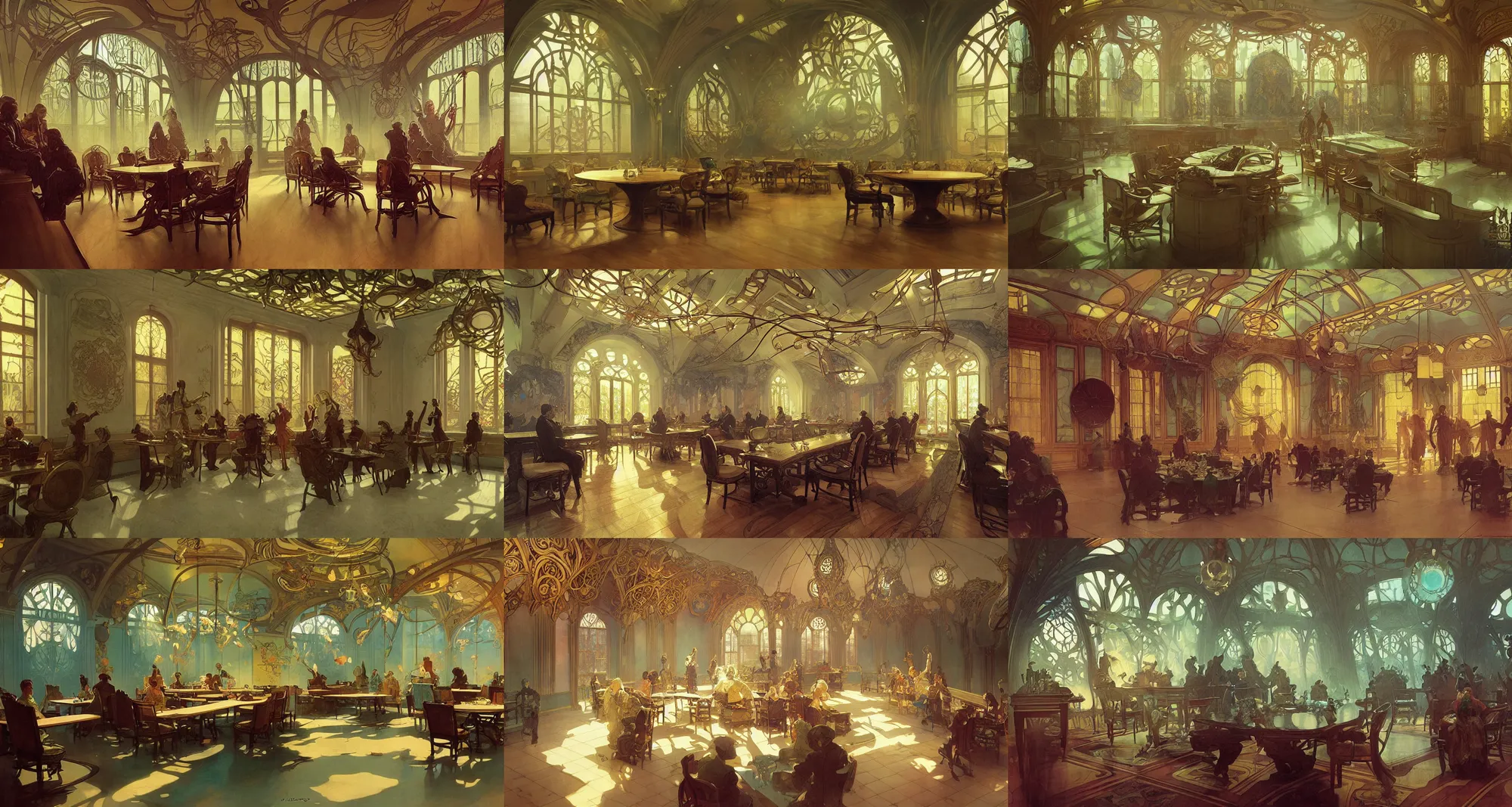 Prompt: meeting room, art nouveau interior, fantasy, art by joseph leyendecker, ivan aivazovsky, ruan jia, reza afshar, marc simonetti, alphonse mucha