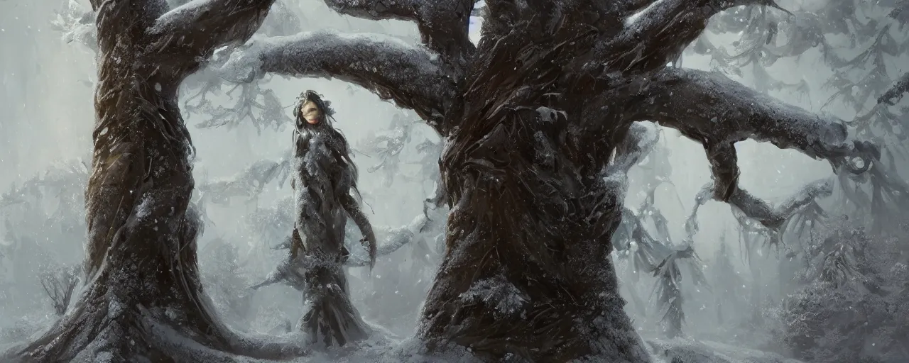 Prompt: a painting of a person standing in front of a tree in the snow, stunning intricate concept art by senior environment artist, cgsociety, fantasy art, matte painting, storybook illustration