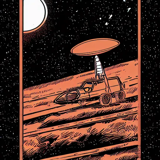 Image similar to an illustration of a rocket on its launchpad, by laurie greasley and james stokoe