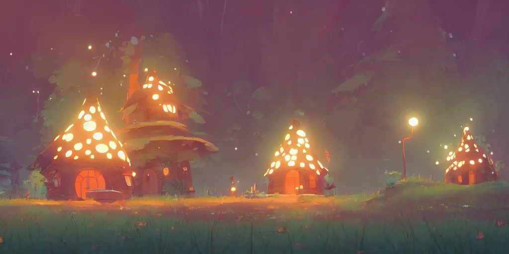 Prompt: small fairy mushroom houses, red ruff, by cory loftis & akihiko yoshida & james gilleard & atey ghailan & makoto shinkai & goro fujita & studio ghibli, rim light, exquisite lighting, clear focus, magic atmosphere, lights, night, very coherent, plain background, soft painting