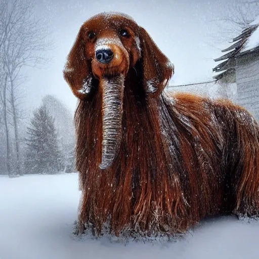 Prompt: Giant woolly dachshund with mammoth tusks, in the middle of a snow storm