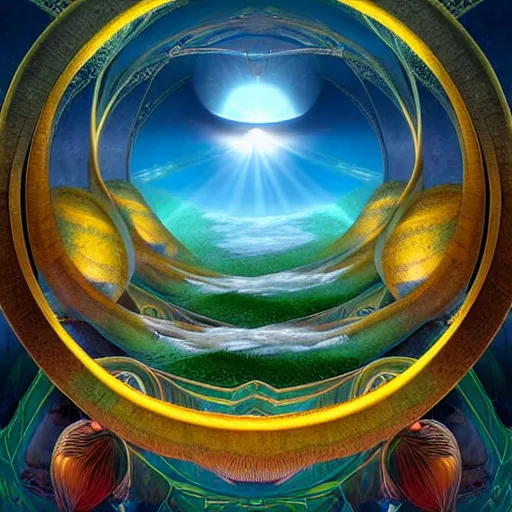 Image similar to symetrical, a majestic photograph of the kingdom of agharta, land of advanced races, giant, hollow earth infographic, illustrations, a big shell with a sun in the interior, dynamic lighting, digital art, fantastically beautiful, illustration,, closeup, aesthetically inspired by leonardo da vinci, trending on artstation, art by daniel merriam, 8 k, upscale