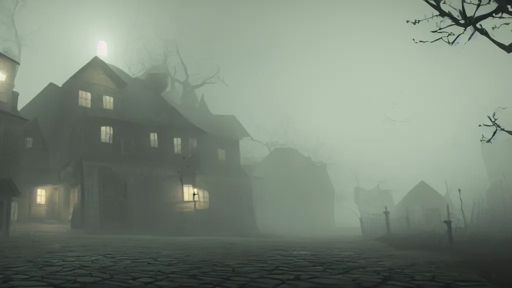 Prompt: village with beautiful houses in the fog, fog, volumetric lighting, mystique, atmospheric, in the style of the game little nightmares, sharp focus, ultra detailed, noir, 4 k, cinematic, 3 5 mm